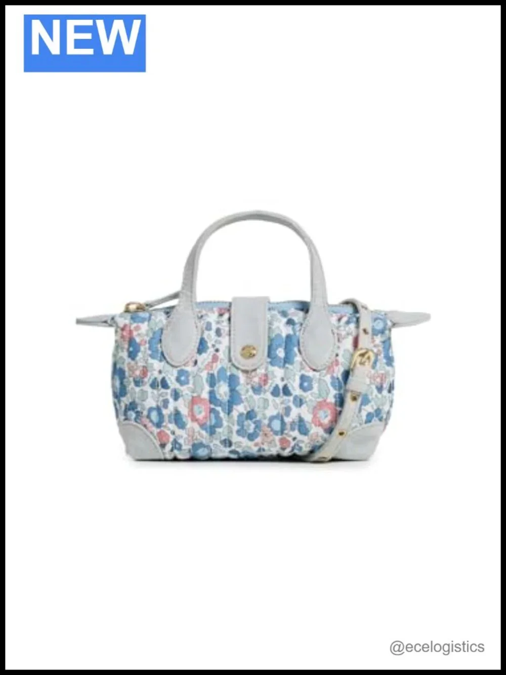 Quilted Denim Crossbody Bag with Floral Pattern, Adjustable Strap